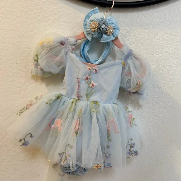 Floral Light Blue Custom-Made Flower girl/wedding guest dress with custom bow - Picture 7 of 7